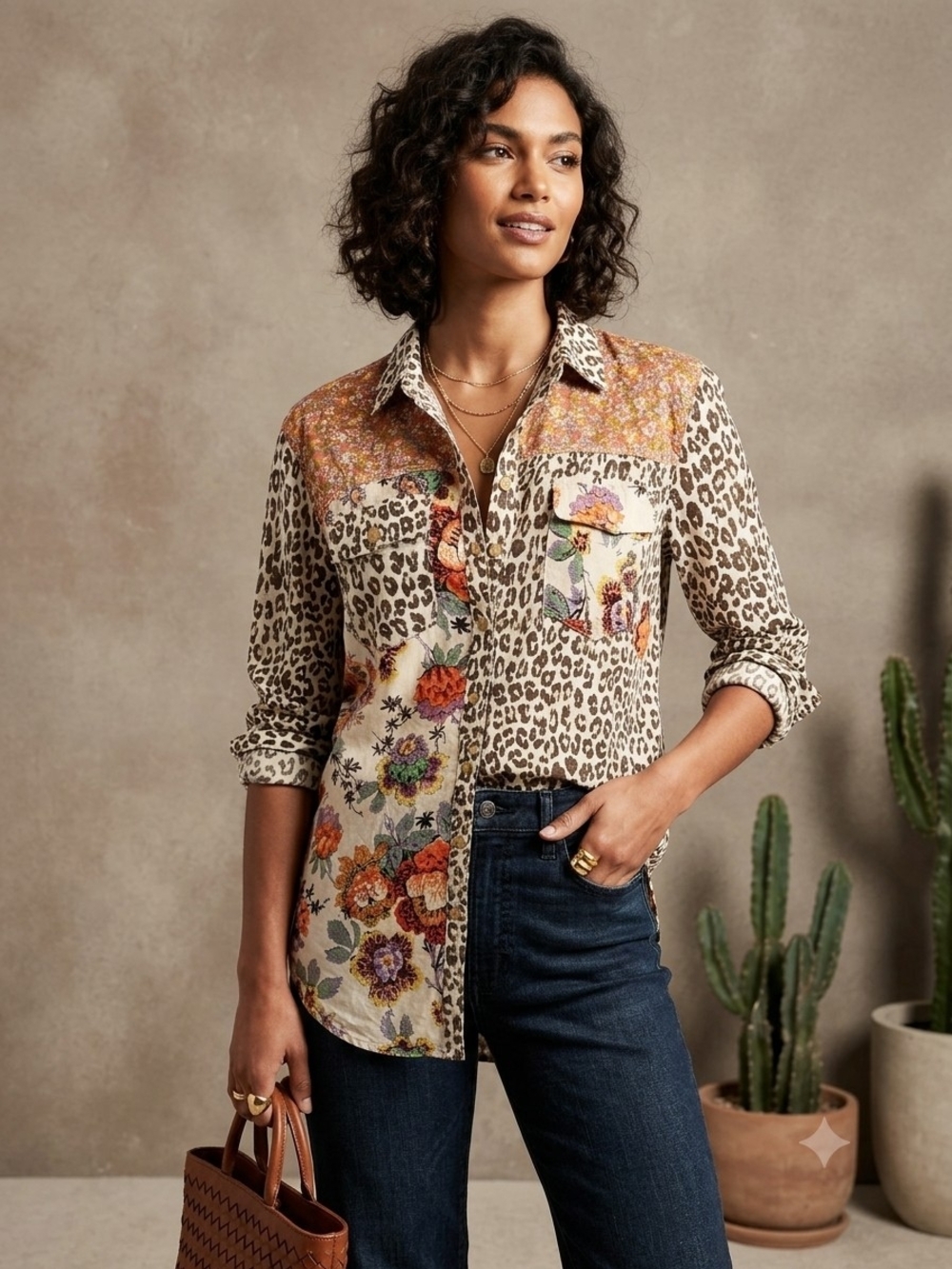 Anthropologie Mixed Leopard and Floral Button-Down Shirt in Beige and Orange